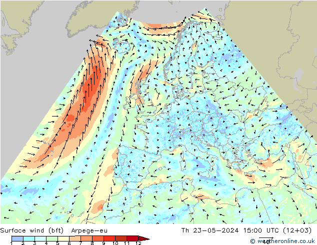 Surface wind (bft) Arpege-eu Th 23.05.2024 15 UTC