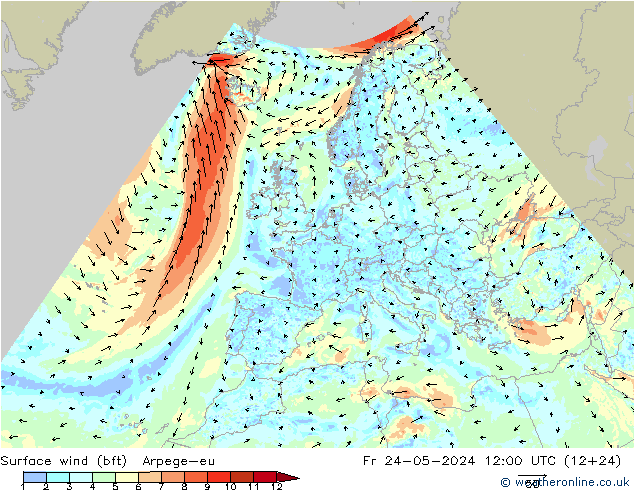 Wind 10 m (bft) Arpege-eu vr 24.05.2024 12 UTC