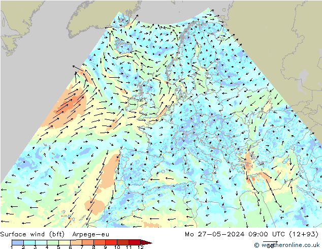 Wind 10 m (bft) Arpege-eu ma 27.05.2024 09 UTC