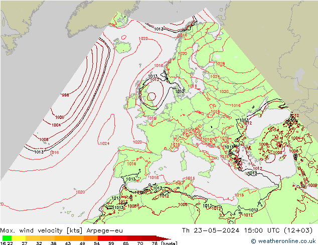 Max. wind velocity Arpege-eu 星期四 23.05.2024 15 UTC