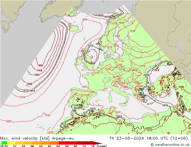 Max. wind velocity Arpege-eu 星期四 23.05.2024 18 UTC