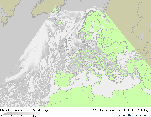 Cloud cover (low) Arpege-eu Th 23.05.2024 15 UTC