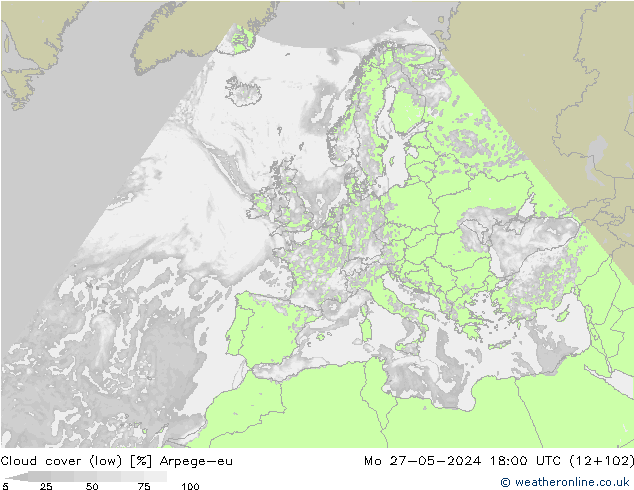 Cloud cover (low) Arpege-eu Mo 27.05.2024 18 UTC