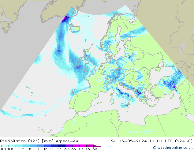 Totale neerslag (12h) Arpege-eu zo 26.05.2024 00 UTC