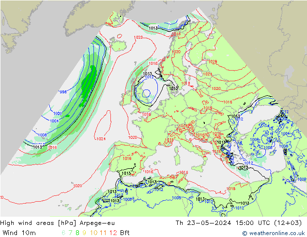 High wind areas Arpege-eu gio 23.05.2024 15 UTC
