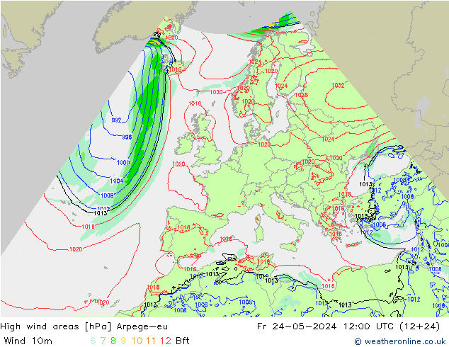 High wind areas Arpege-eu пт 24.05.2024 12 UTC