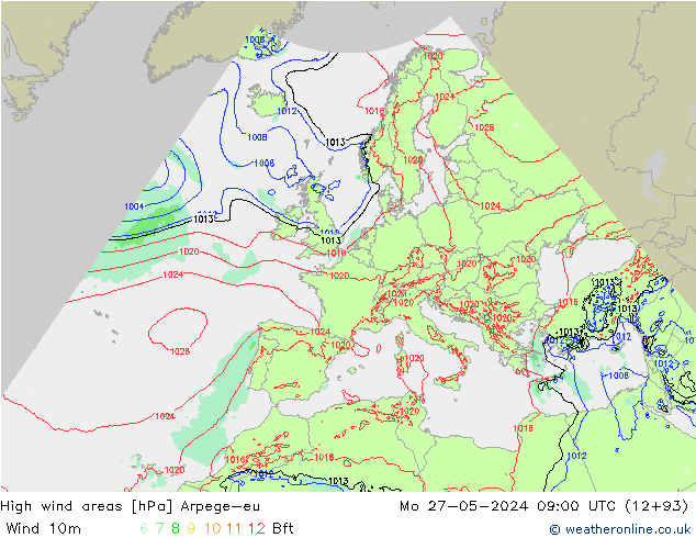 High wind areas Arpege-eu Po 27.05.2024 09 UTC