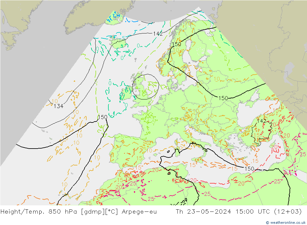 Height/Temp. 850 hPa Arpege-eu 星期四 23.05.2024 15 UTC
