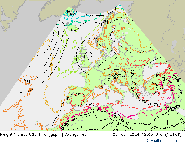 Height/Temp. 925 hPa Arpege-eu 星期四 23.05.2024 18 UTC
