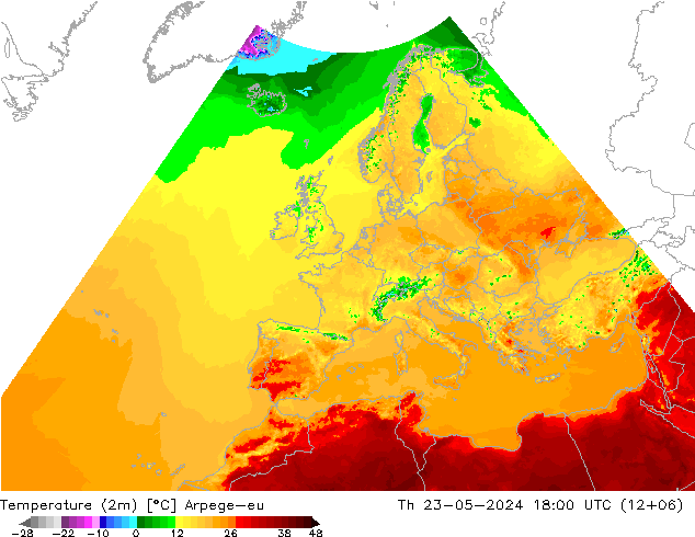 Temperaturkarte (2m) Arpege-eu Do 23.05.2024 18 UTC