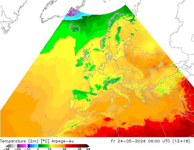 Temperatuurkaart (2m) Arpege-eu vr 24.05.2024 06 UTC
