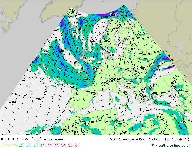 Wind 850 hPa Arpege-eu zo 26.05.2024 00 UTC