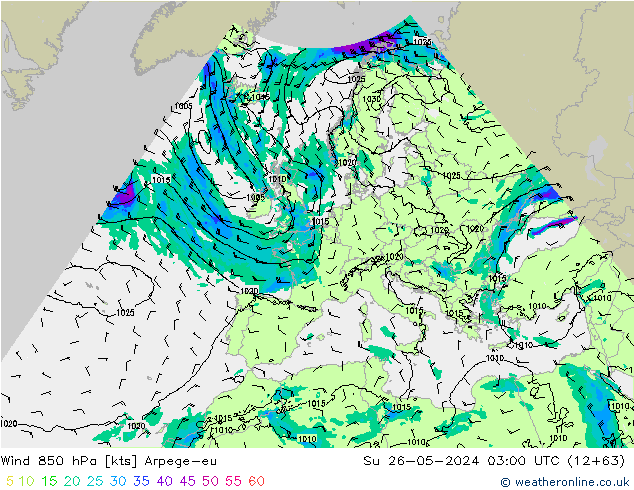 Wind 850 hPa Arpege-eu zo 26.05.2024 03 UTC