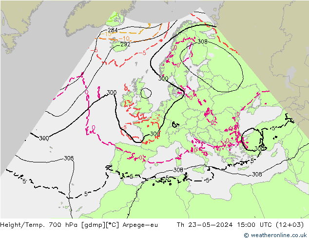 Height/Temp. 700 hPa Arpege-eu 星期四 23.05.2024 15 UTC