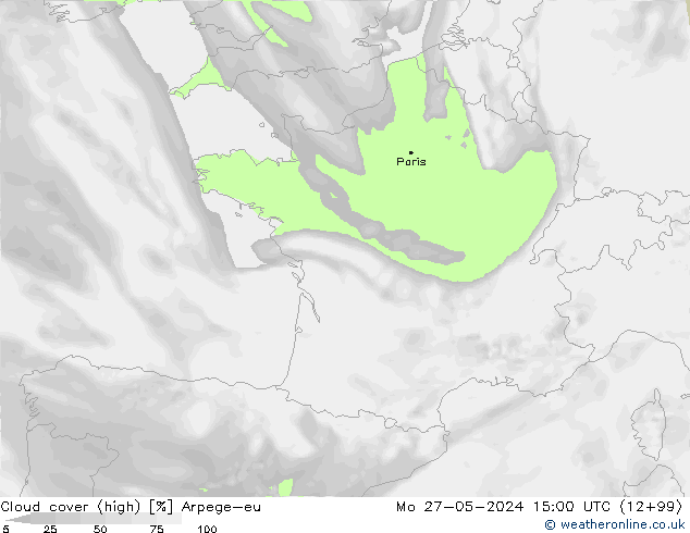 Cloud cover (high) Arpege-eu Mo 27.05.2024 15 UTC