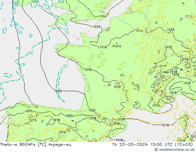 Theta-e 850hPa Arpege-eu czw. 23.05.2024 15 UTC