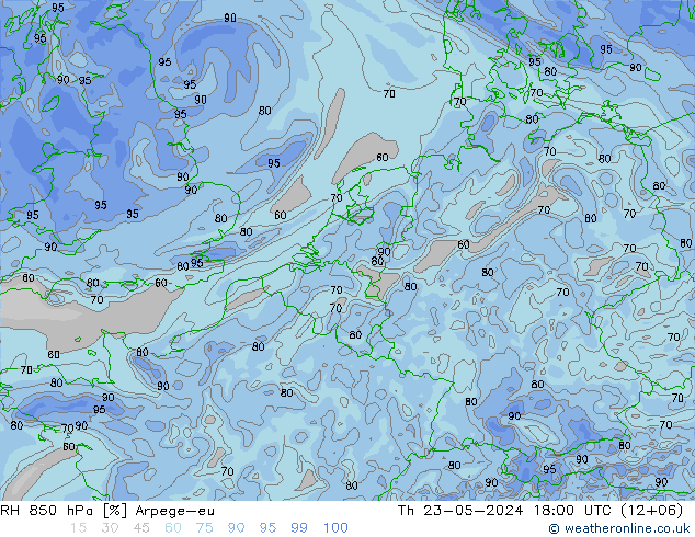 RH 850 hPa Arpege-eu 星期四 23.05.2024 18 UTC