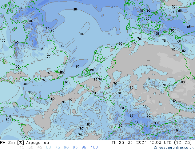 Humedad rel. 2m Arpege-eu jue 23.05.2024 15 UTC