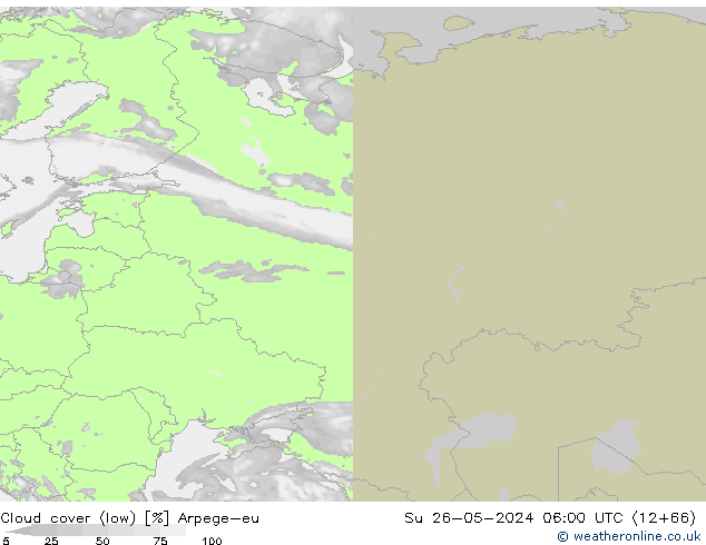 Cloud cover (low) Arpege-eu Su 26.05.2024 06 UTC