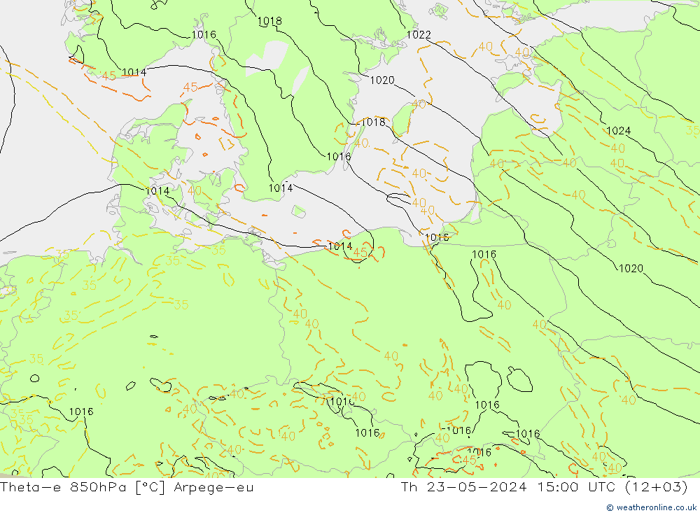 Theta-e 850hPa Arpege-eu Th 23.05.2024 15 UTC