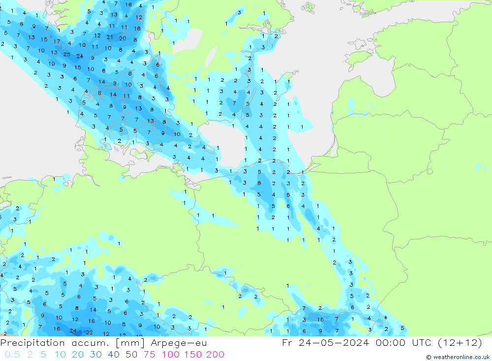 Precipitation accum. Arpege-eu Fr 24.05.2024 00 UTC