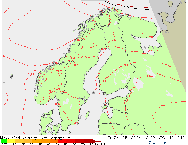 Max. wind velocity Arpege-eu  24.05.2024 12 UTC