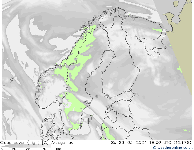 Cloud cover (high) Arpege-eu Su 26.05.2024 18 UTC