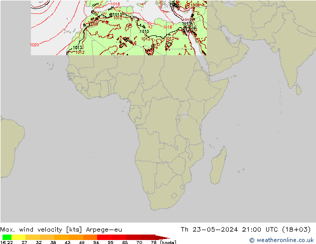Max. wind velocity Arpege-eu чт 23.05.2024 21 UTC