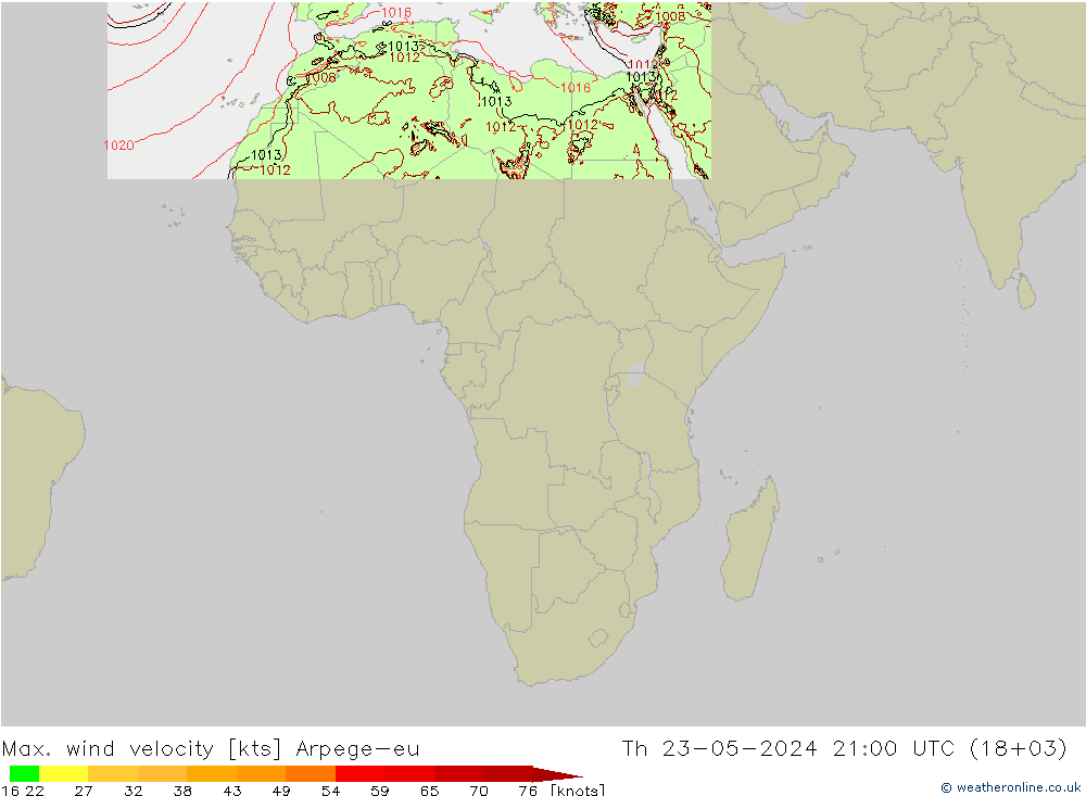 Max. wind velocity Arpege-eu чт 23.05.2024 21 UTC