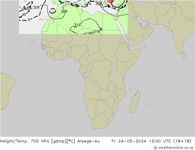Height/Temp. 700 hPa Arpege-eu Pá 24.05.2024 12 UTC