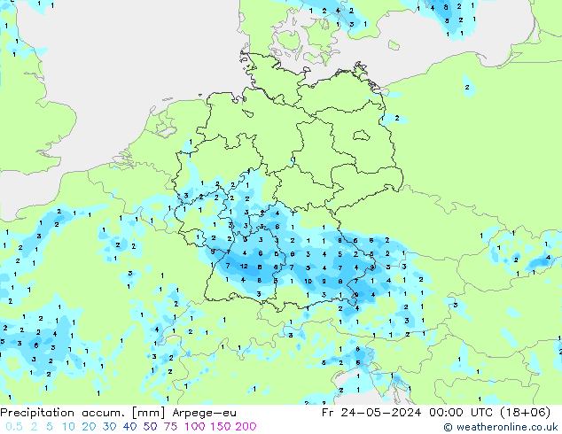 Totale neerslag Arpege-eu vr 24.05.2024 00 UTC