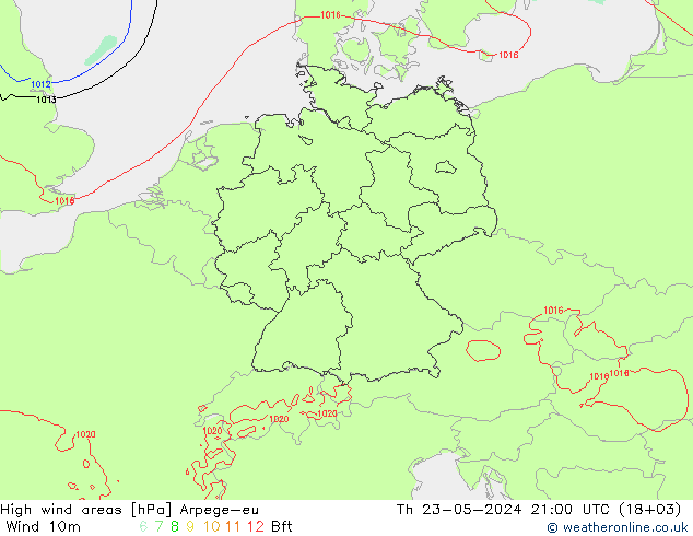 High wind areas Arpege-eu Th 23.05.2024 21 UTC