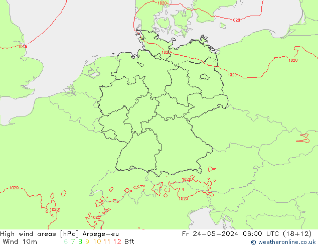 High wind areas Arpege-eu 星期五 24.05.2024 06 UTC