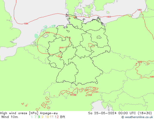 High wind areas Arpege-eu Sa 25.05.2024 00 UTC