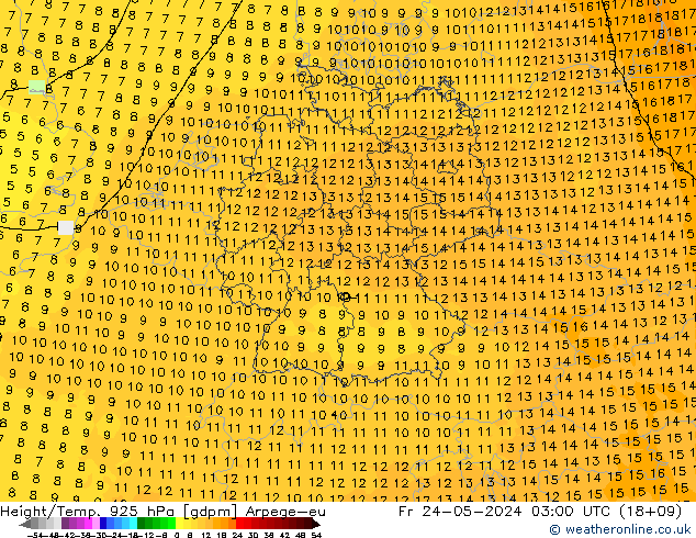 Géop./Temp. 925 hPa Arpege-eu ven 24.05.2024 03 UTC