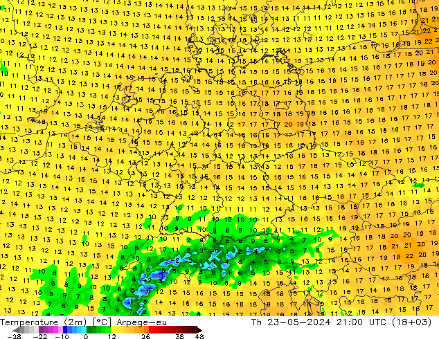 Temperature (2m) Arpege-eu Th 23.05.2024 21 UTC