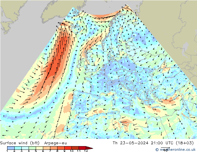 Surface wind (bft) Arpege-eu Čt 23.05.2024 21 UTC
