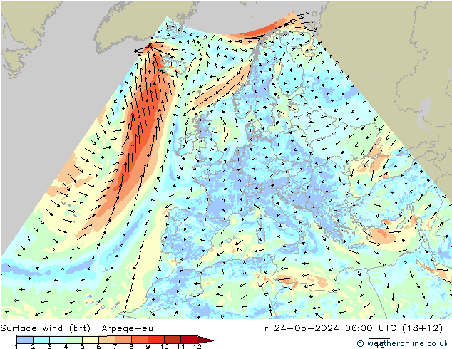 Surface wind (bft) Arpege-eu Fr 24.05.2024 06 UTC