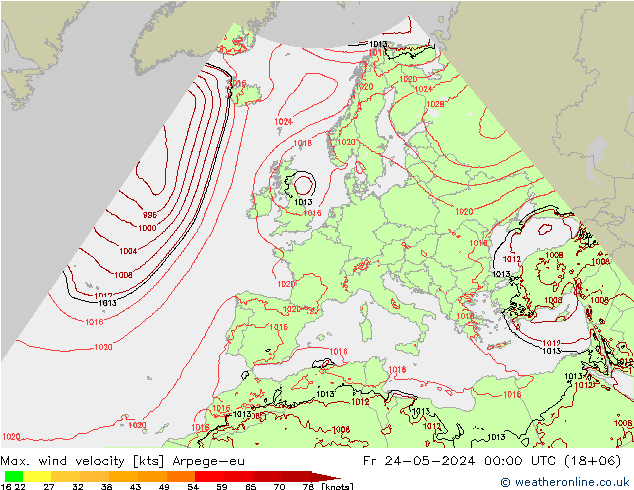 Max. wind velocity Arpege-eu Pá 24.05.2024 00 UTC