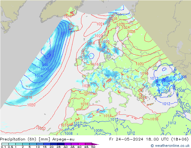 Totale neerslag (6h) Arpege-eu vr 24.05.2024 00 UTC