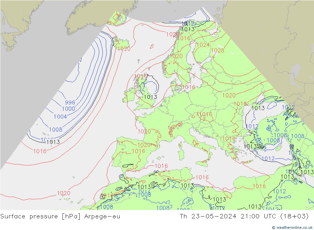 Presión superficial Arpege-eu jue 23.05.2024 21 UTC