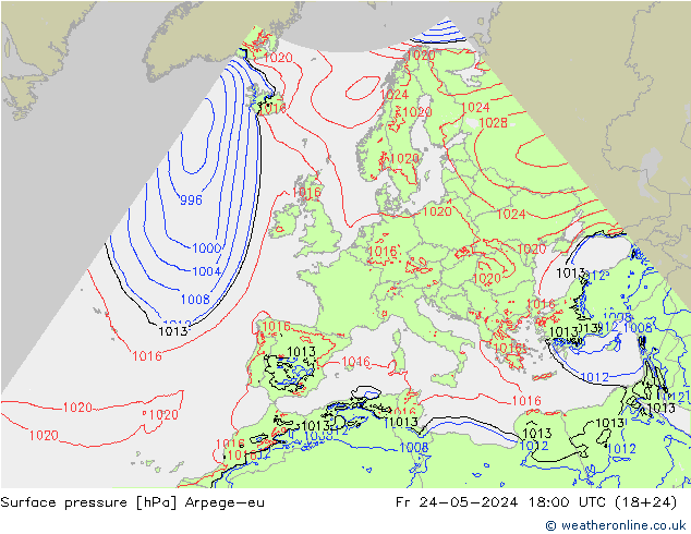 Pressione al suolo Arpege-eu ven 24.05.2024 18 UTC