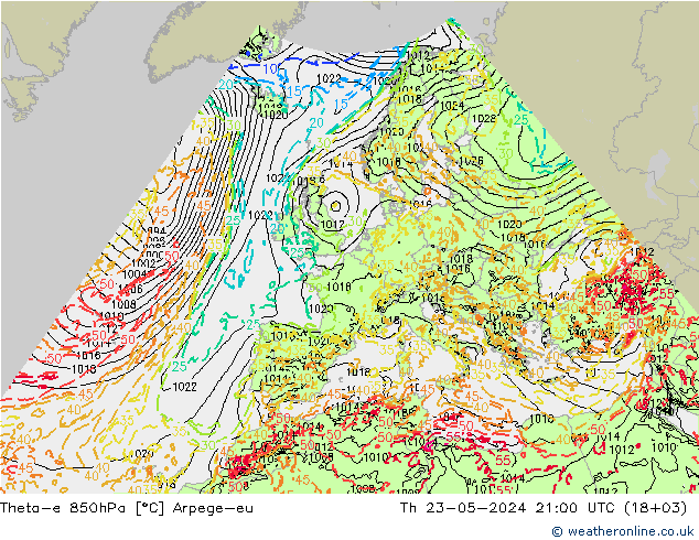 Theta-e 850hPa Arpege-eu czw. 23.05.2024 21 UTC