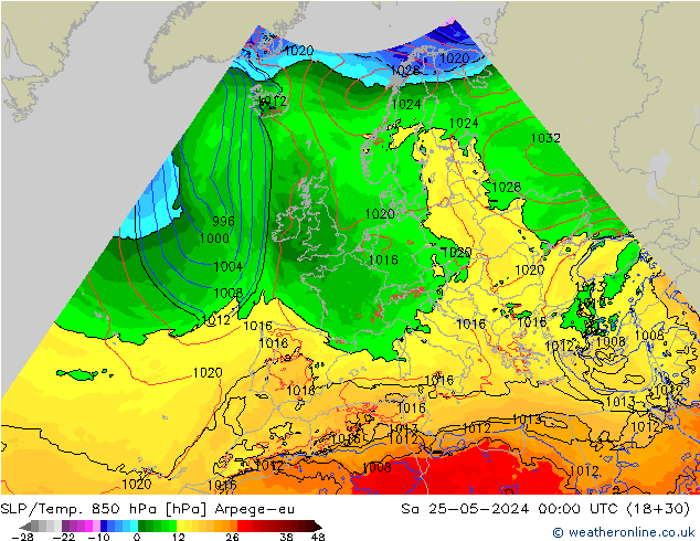 SLP/Temp. 850 hPa Arpege-eu sáb 25.05.2024 00 UTC