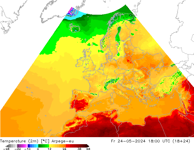 Temperature (2m) Arpege-eu Pá 24.05.2024 18 UTC
