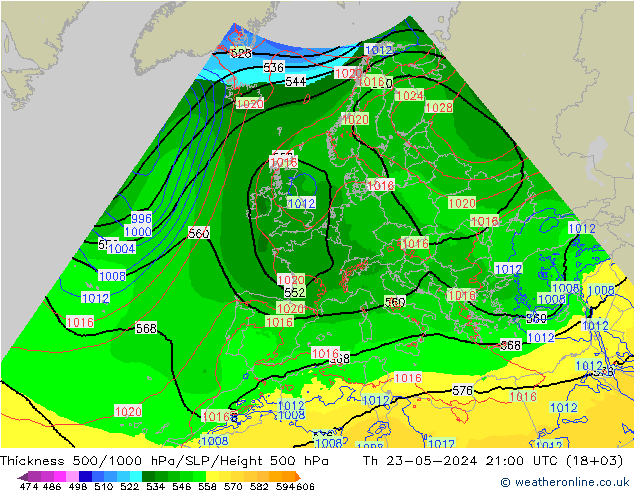 Espesor 500-1000 hPa Arpege-eu jue 23.05.2024 21 UTC