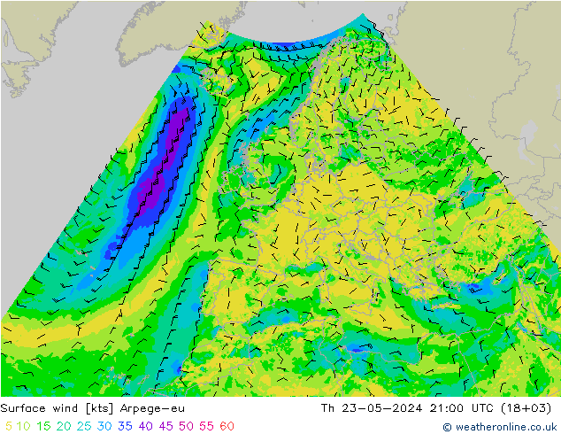 Viento 10 m Arpege-eu jue 23.05.2024 21 UTC