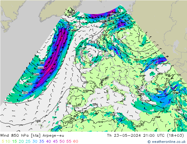 Wind 850 hPa Arpege-eu Do 23.05.2024 21 UTC