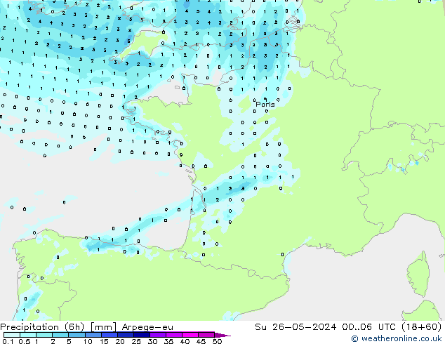 Precipitation (6h) Arpege-eu Su 26.05.2024 06 UTC