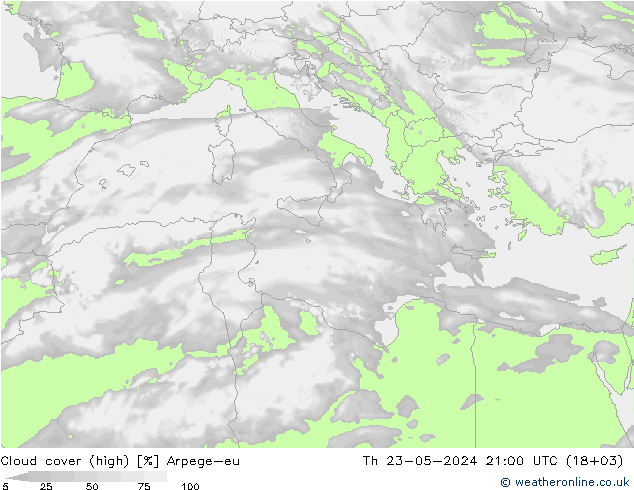 Cloud cover (high) Arpege-eu Th 23.05.2024 21 UTC